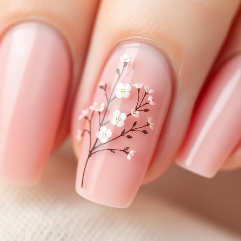 Nail art floral em base rosa nude